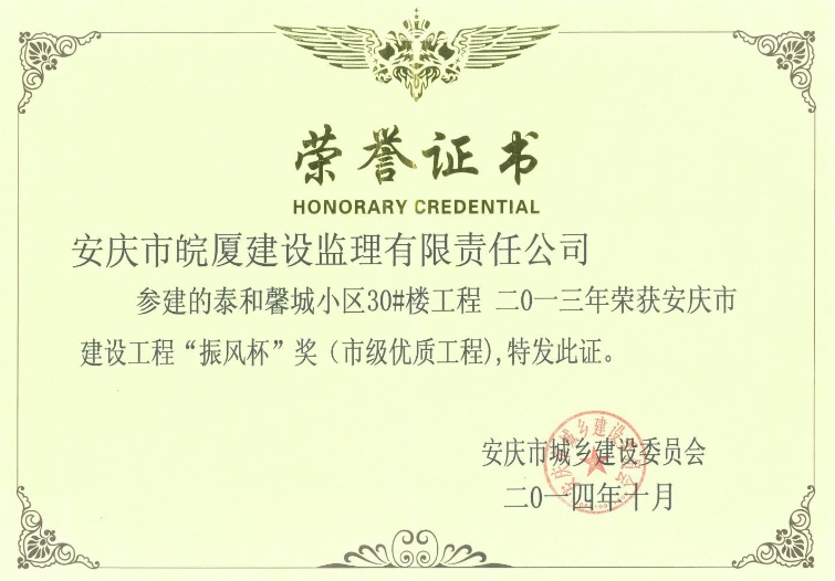 2013年安慶市建設(shè)工程“振風(fēng)杯”獎(jiǎng)（市級(jí)優(yōu)質(zhì)工程）